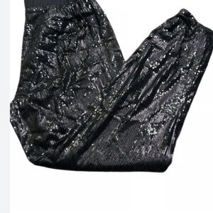 Holiday Party Black Sequined Glam Lined Elastic Waist Pull On Pants Sparkle